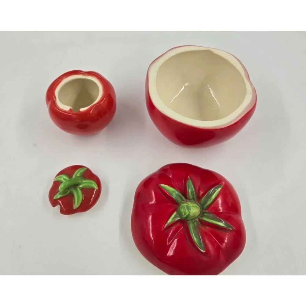 1940's Vtg Pantry Parade Ceramic Tomato Lidded Sugar Jar & Container Set of 2